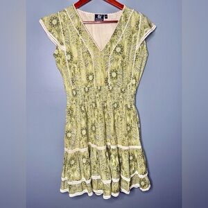 Madison Mathews Green Floral Cotton Boho Tiered Mini Dress | Size XS